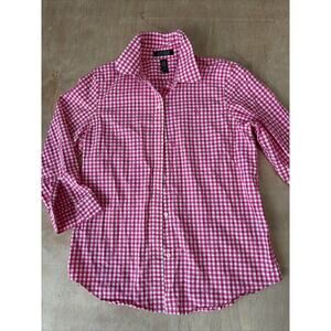 Lauren Ralph Lauren M Shirt Womens Pink White Checker Button Up Preppy Monogram